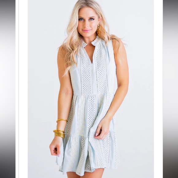 Karlie Dresses & Skirts - karlie eyelet tier ruffle mini dress size large 100% cotton- sky blue